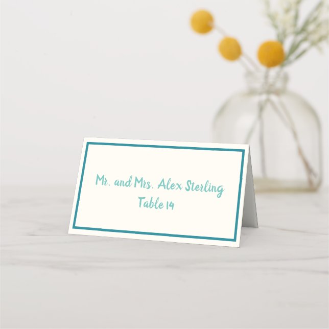 Carte De Placement Mariage de bordure Turquoise bleu gras manuscrit (Devant)
