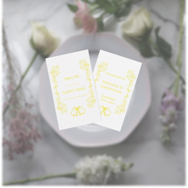 Carte De Placement Mariage de conception de charpente citron (Yellow wedding place setting card bells and scrollwork design)