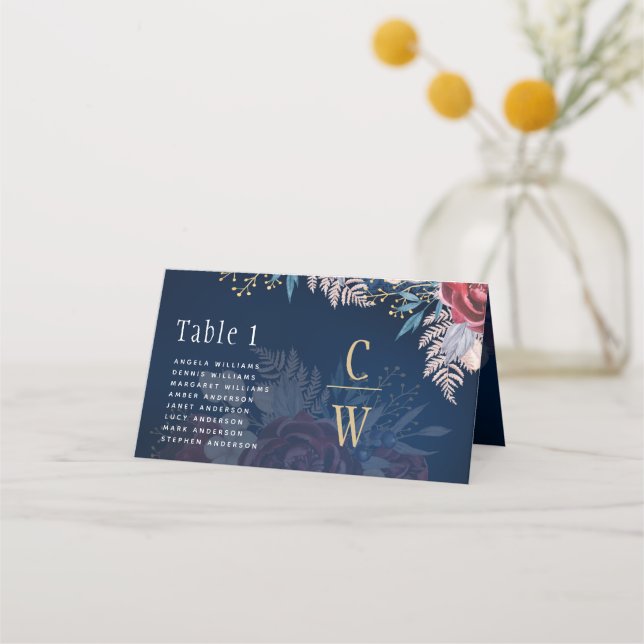 Carte De Placement Mariage de dentelle florale bleu Bourgogne intempo (Devant)
