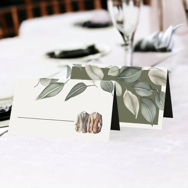 Carte De Placement Mariage de deux pièces de feuillage vert coupé (Muted Green Foliage Two Grooms Wedding Place Cards from Ricaso)