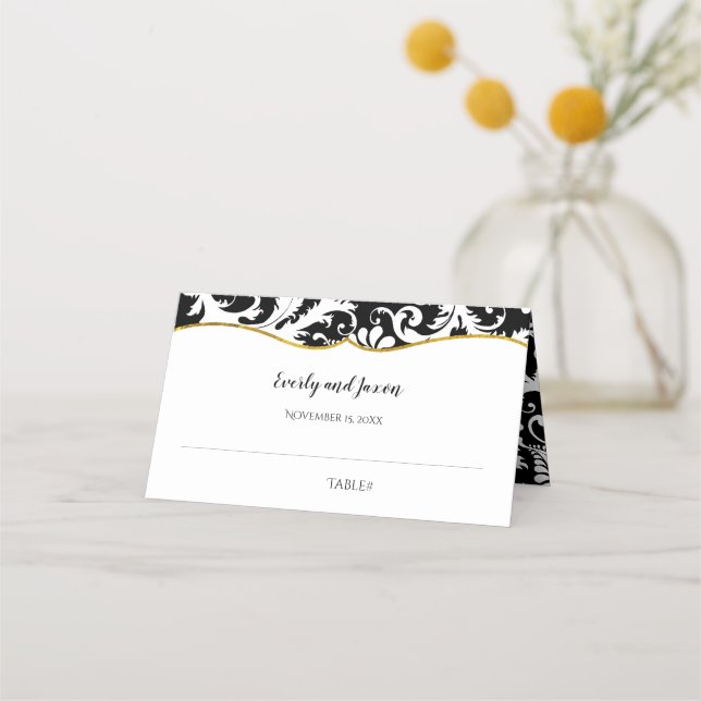 Carte De Placement Mariage de finition or Damask noir et blanc (Devant)