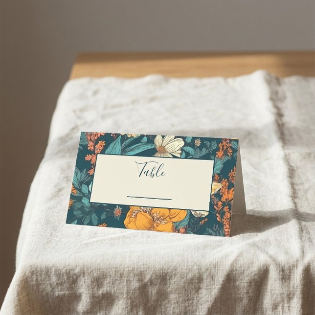 Carte De Placement Mariage de fleurs bleues et jaunes (Blue and yellow flowers wedding table number place card.)