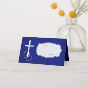 Carte De Placement Mariage de la Croix chrétienne d'argent bleu