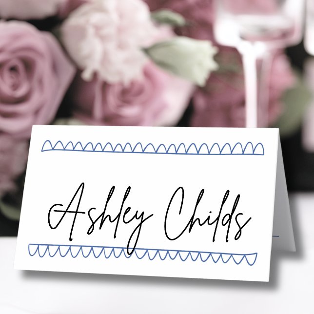 Carte De Placement Mariage de nom Whimsical bleu dessiné à la main (Hand Drawn Blue Whimsical Name Wedding Place Card )