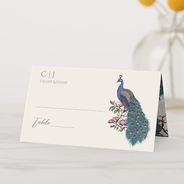 Carte De Placement Mariage de Peacock Floral Ivory Rustique (Rustic Hand-Drawn Blue & Teal Peacock with Blush Magnolia Flowers. Elegant Peacock Pattern Inside. )