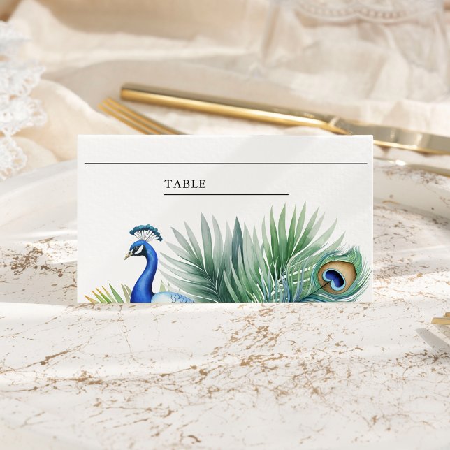 Carte De Placement Mariage de plumes de paon indien tropical (Créateur téléchargé)