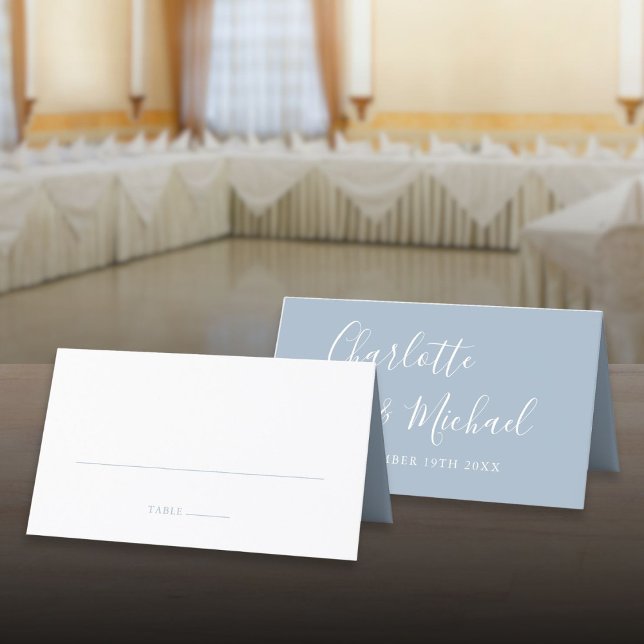 Carte De Placement Mariage de script de signature bleu foncé (Dusty Blue Signature Script Wedding Place Card)