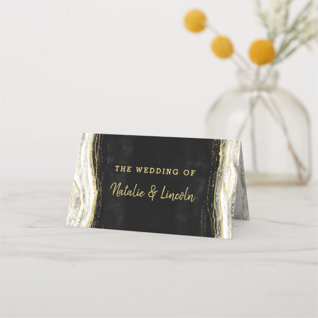Carte De Placement Mariage de siège réservé Black White & Gold (Dos)