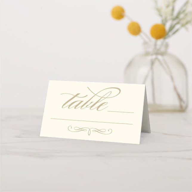 Carte De Placement Mariage élégant calligraphié en or et ivoire (Devant)