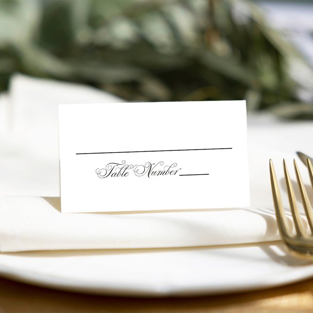 Carte De Placement Mariage Élégant Calligraphie Réception Siège (Black and white calligraphy script table number card.)