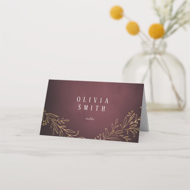 Carte De Placement Mariage élégant et botanique en or doré (Devant)