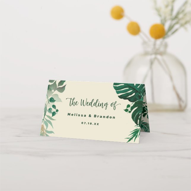 Carte De Placement Mariage Feuille vert de feuillage tropical Numéro  (Dos)