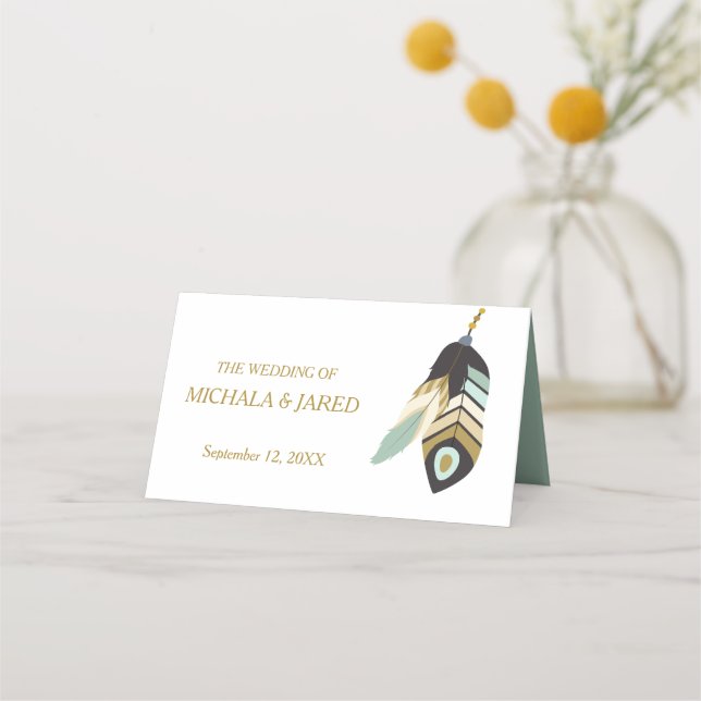 Carte De Placement Mariage Flèche en plumes turquoises (Dos)
