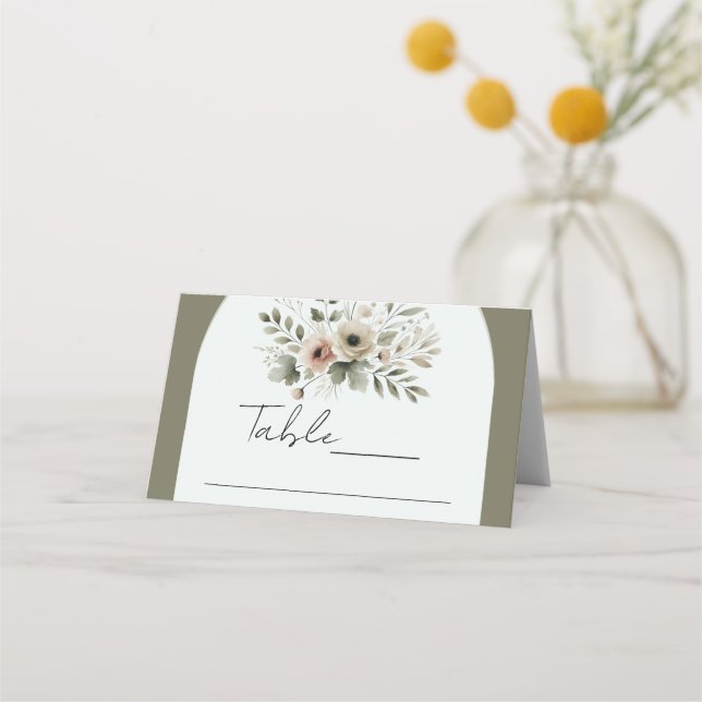 Carte De Placement Mariage floral aquarelle vert olive kaki  (Devant)