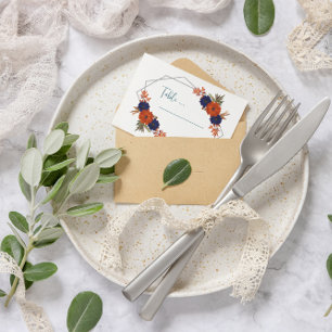 Carte De Placement Mariage Floral Automnal Rustique Orange Bleu Marin