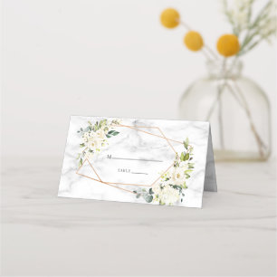 Carte De Placement Mariage floral blanc blanc en marbre géométrique c