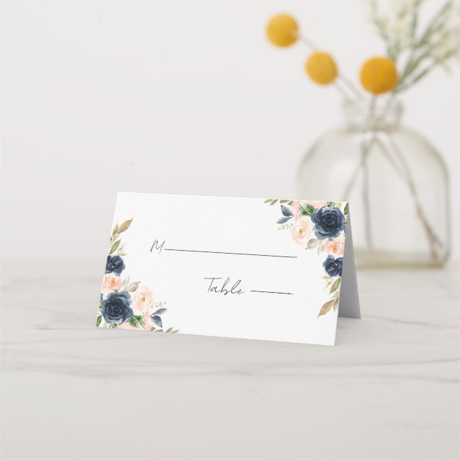 Carte De Placement Mariage floral bleu marine et rose pâle (Devant)