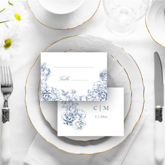 Carte De Placement Mariage Floral Bleu Poussiéreux Élégant Classique