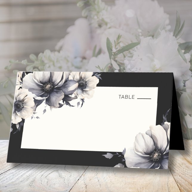 Carte De Placement Mariage Floral Bohème Noir Chic (Black Floral Wedding Place Card)