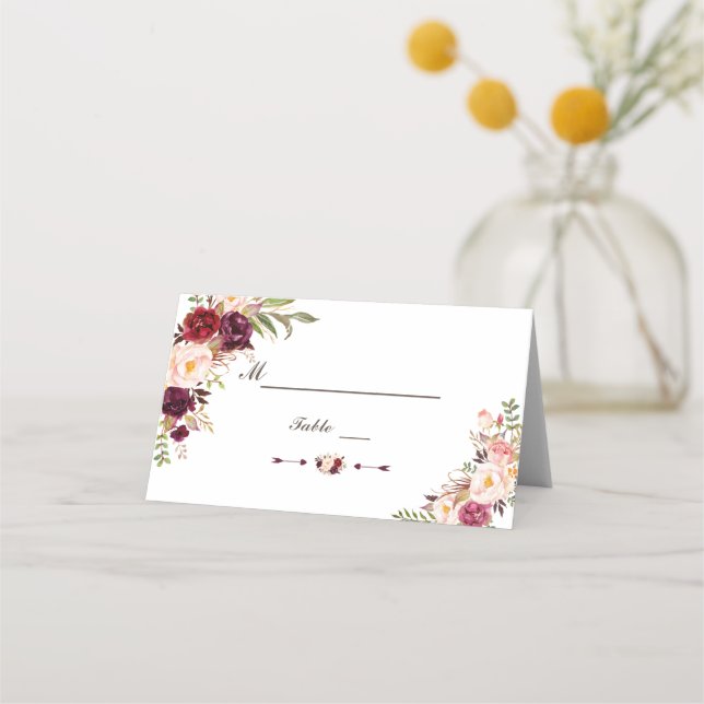 Carte De Placement Mariage floral Burgundy Marsala Blush Numéro de ta (Devant)