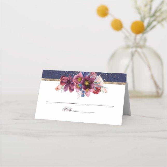 Carte De Placement Mariage floral de la marine de Bourgogne et de l'o (Devant)