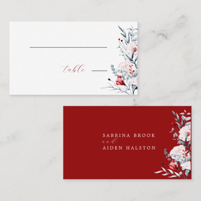 Carte De Placement Mariage Floral Fleur Rouge Et Bleu (Devant / Derrière)