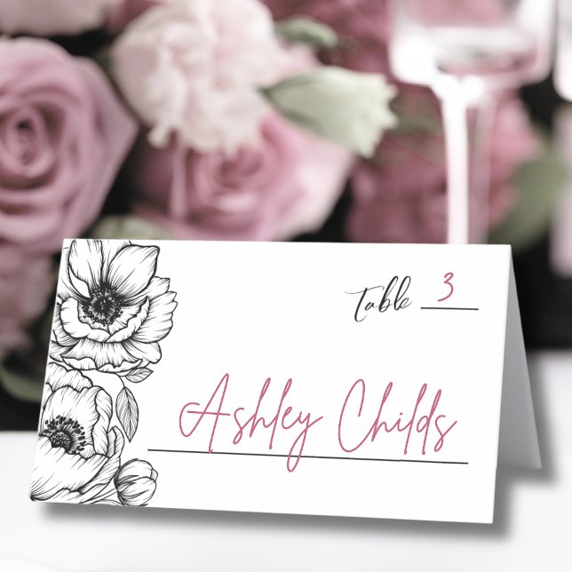 Carte De Placement Mariage floral géant tiré à la main (Hand Drawn Whimsical Floral Wedding Place Card)