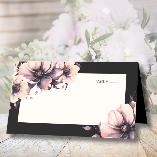 Carte De Placement Mariage floral rose noir (Black Pink Floral Wedding Place Card)