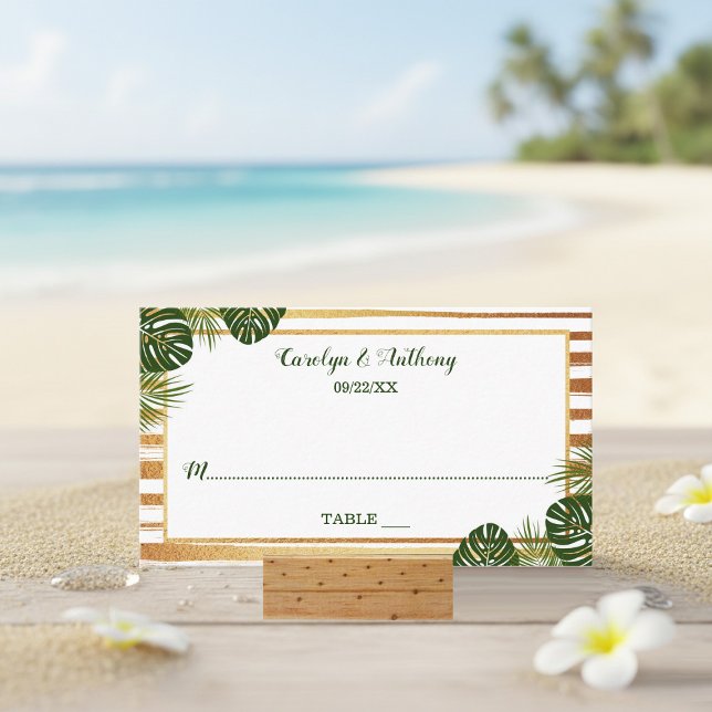Carte De Placement Mariage Gold Foil & Green Palm Leaf Beach (Créateur téléchargé)