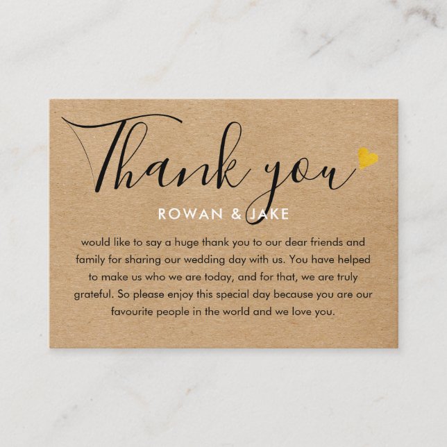 Carte De Placement Mariage Merci Kraft Gold Heart Chic Script (Devant)