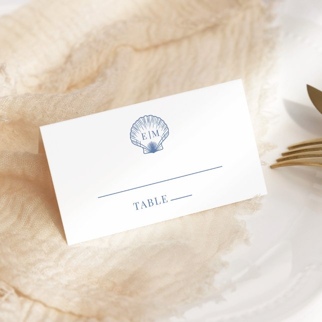 Carte De Placement Mariage Monogramme du Coastal Blue Seashell (Créateur téléchargé)