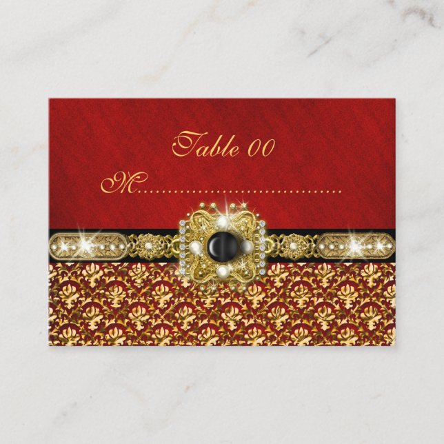 Carte De Placement Mariage noir or rouge damassé "numéro de table" (Devant)