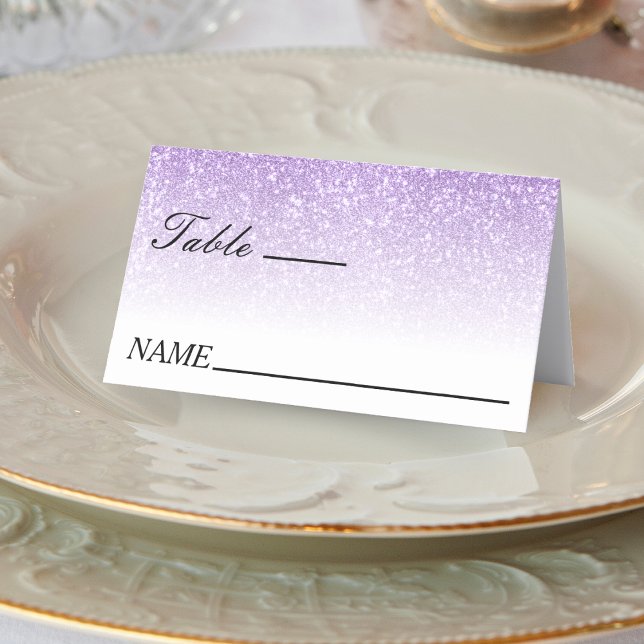 Carte De Placement Mariage Ombre Parties scintillant blanc et violet (White & Purple Glitter Ombre Wedding Place Card)