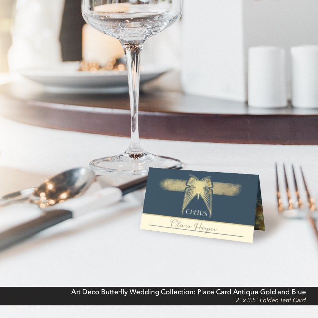 Carte De Placement Mariage papillon Art déco Antique Gold Blue Tente (Art Deco Butterfly Wedding Place Card Antique Gold and Blue with Marble Details.)