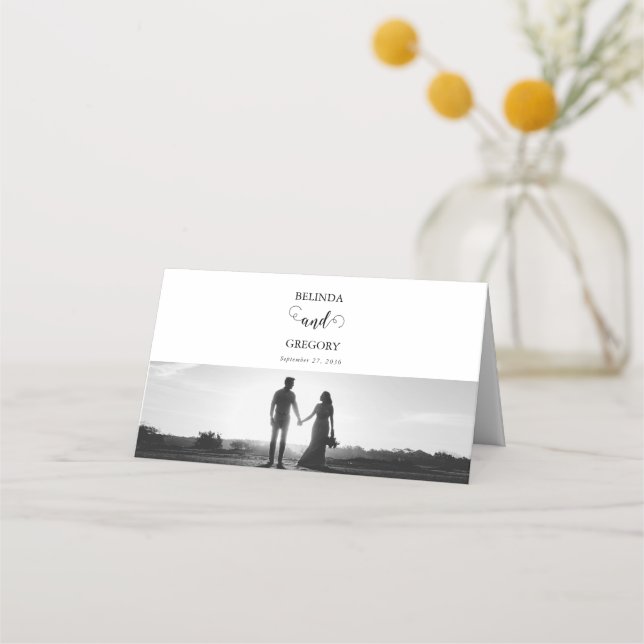 Carte De Placement Mariage photo moderne en noir et blanc (Dos)