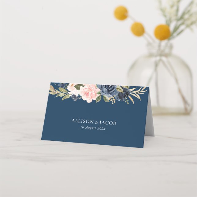 Carte De Placement Mariage plié bleu marine et flou (Dos)