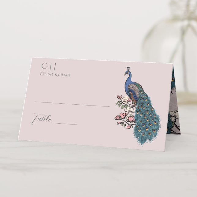 Carte De Placement Mariage rose rose rose pâle rustique (Rustic Floral Blue Teal Peacock on Magnolia Branch in Full Bloom with Flowers in Elegant Blush Pink.)