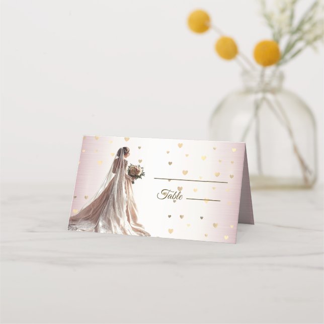 Carte De Placement Mariée d'hiver rose Golden Shiny Hearts (Devant)