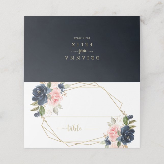 Carte De Placement Marine Blush Floral Gold Mariage géométrique (Extérieur déplié)