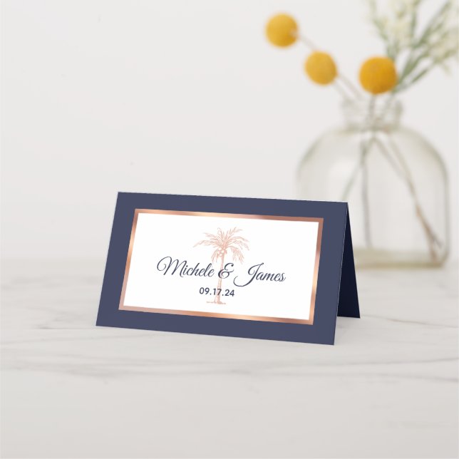 Carte De Placement Marine Rose or cuivre Palm Tree moderne Mariage (Devant)