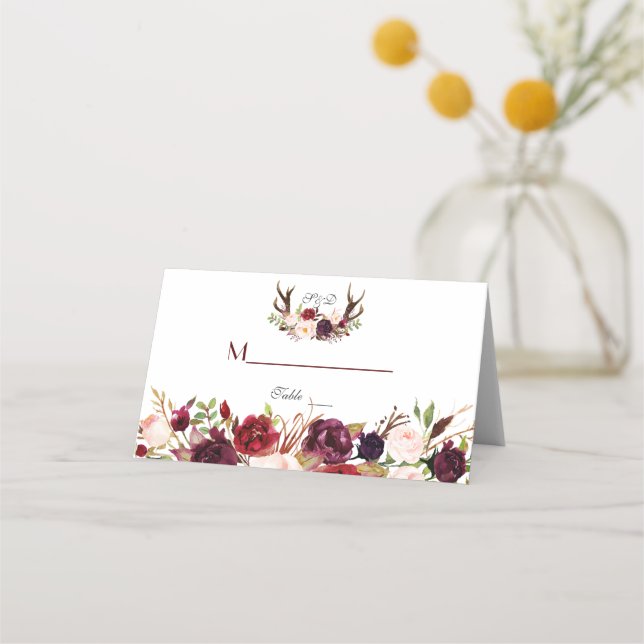 Carte De Placement Marsala Bourgogne Floral Antlers Numéro de tableau (Devant)