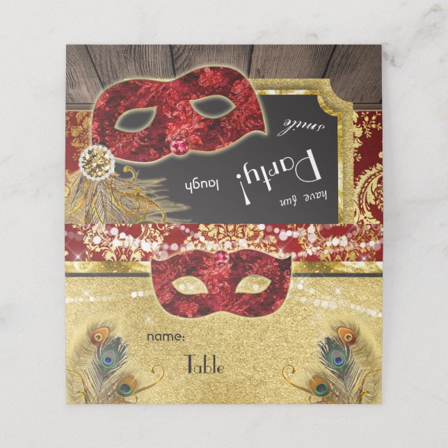 Carte De Placement Masquerade Ball Red Gold Peacock Party Place Card (Extérieur déplié)
