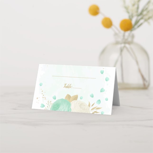 Carte De Placement menthe vert & blanc fleurs or mariage botanique (Devant)