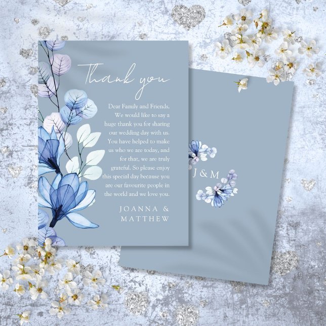 Carte De Placement Merci de Mariage bleu-dusté transparent (Transparent Floral Dusty Blue Wedding Thank You Place Card)