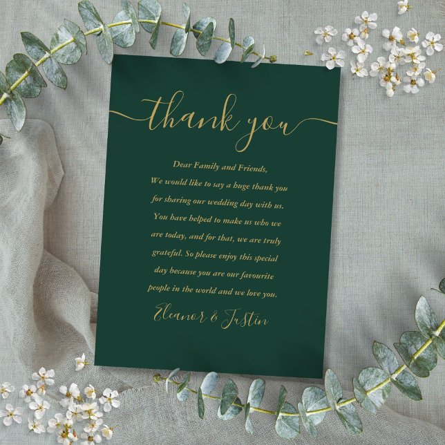 Carte De Placement Merci Mariage Emerald Green Et Gold Script (Emerald Green And Gold Script Wedding Thank You Place Card)