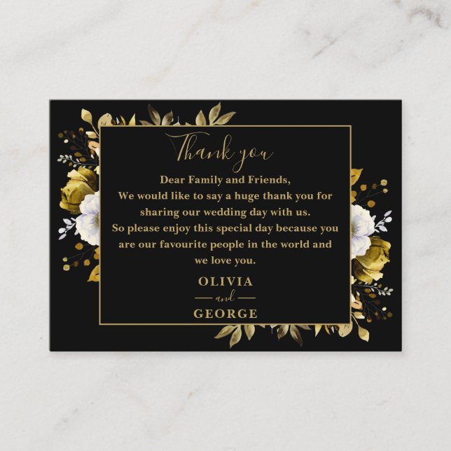 Carte De Placement Merci Mariage Floral Botanique Noir Et Or (Devant)