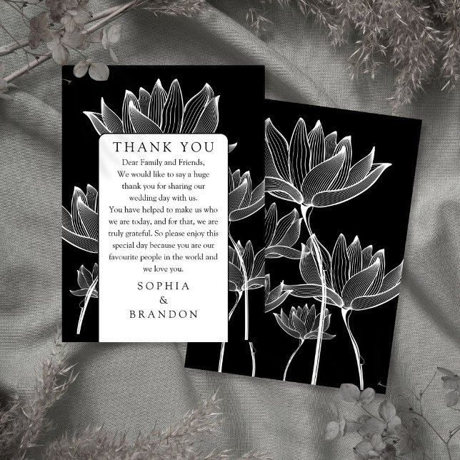 Carte De Placement Merci Mariage Floral Noir Et Blanc (Black And White Floral Wedding Thank You Place Card)