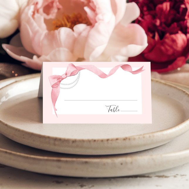 Carte De Placement Mignardise Rose et Perles Mariage Moderne Shower (Cute coquette pink and white watercolor bow and pearls elegant wedding bridal shower place card)