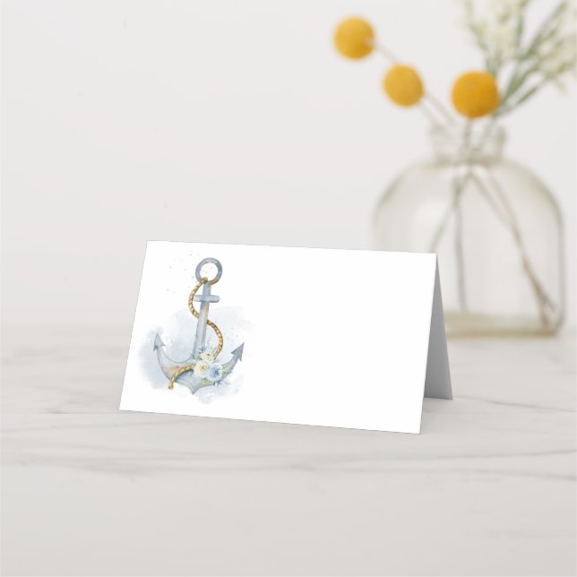 Carte De Placement Modèle blanc Dusty Blue Floral Ancre Mariage (Devant)