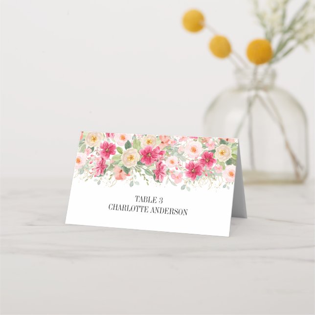 Carte De Placement Modern Watercolor Bright Pink Floral Wedding (Devant)